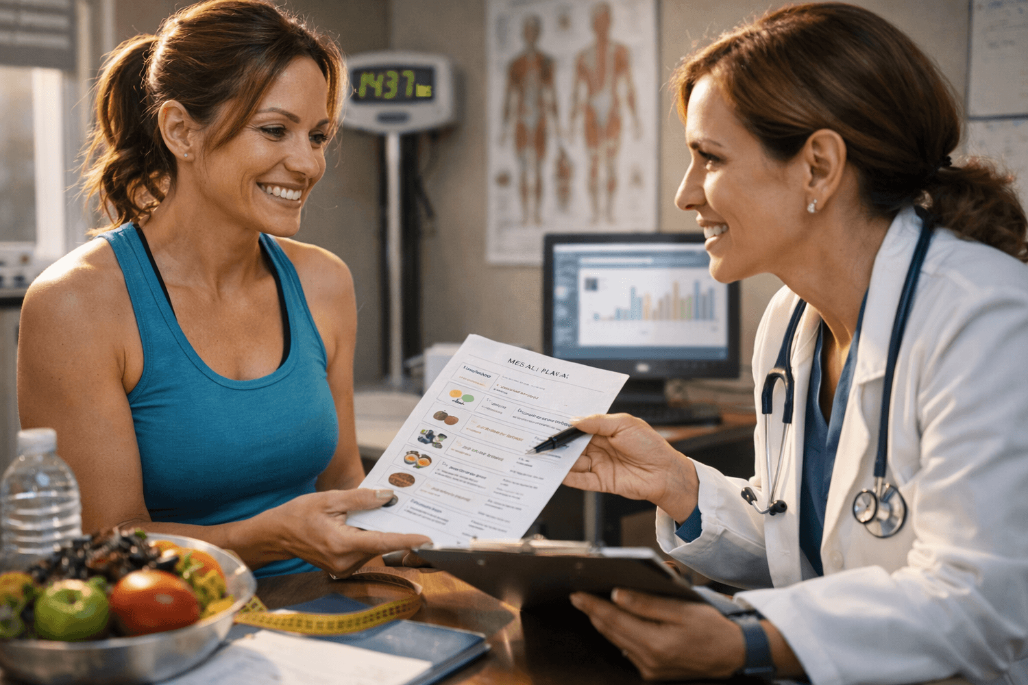A doctor and a patient sit face-to-face in a clinic, reviewing a personalized meal plan together. The doctor points to a customized weight loss chart while the patient smiles, with healthy food and a measuring tape on the desk, emphasizing a patient-centered approach to weight management.