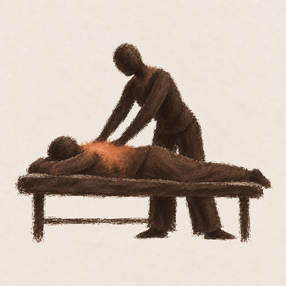 Une personne masse le dos d'une autre, allongée sur une table