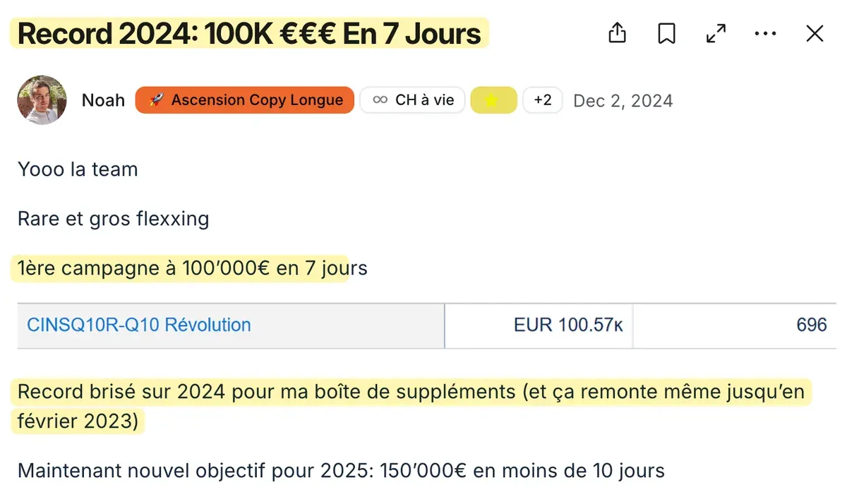 Le record 2024, 100 000 € en 7 jours.