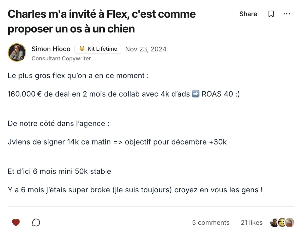160 000 € de deal en 2 mois avec 4 000 € de pub, soit un ROAS de 40.