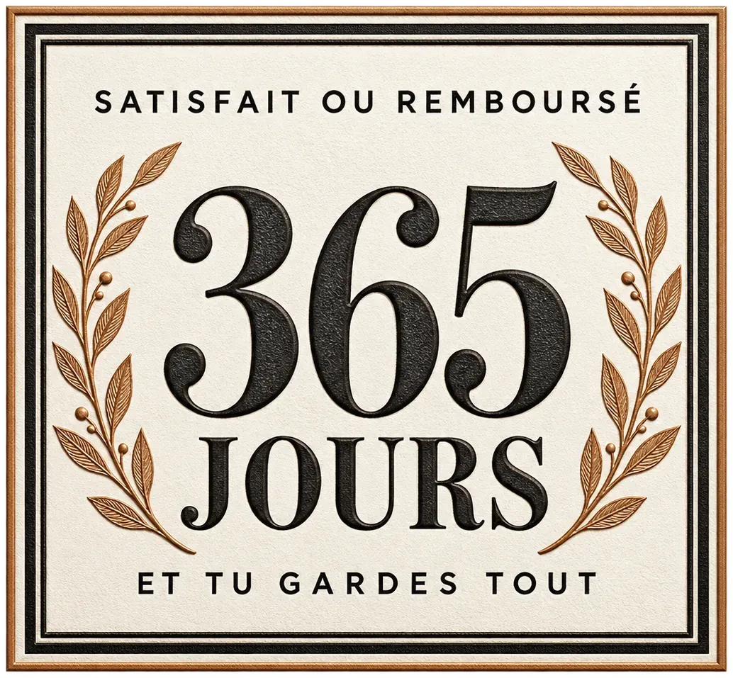 Satisfait ou remboursé 365 jours, et tu gardes tout.
