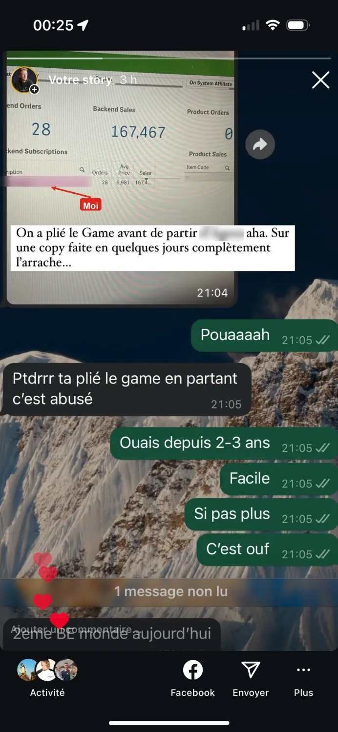 Story Instagram : un tableau à 167 467 $ et 28 commandes, avec le commentaire de Charles « On a plié le Game avant de partir d'Agora »
