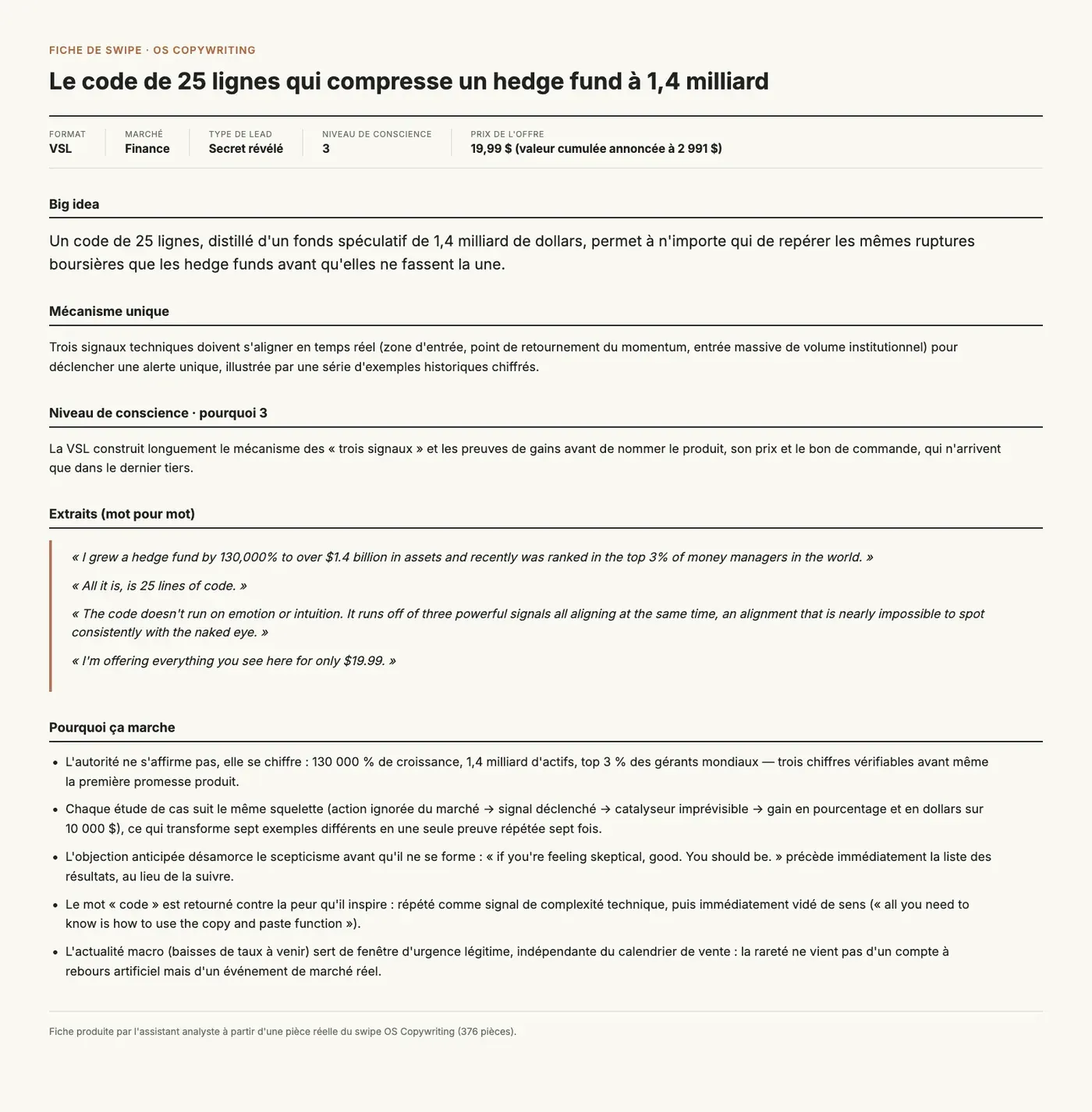 Une des 376 fiches, avec la big idea de sa promo et pourquoi elle marche.