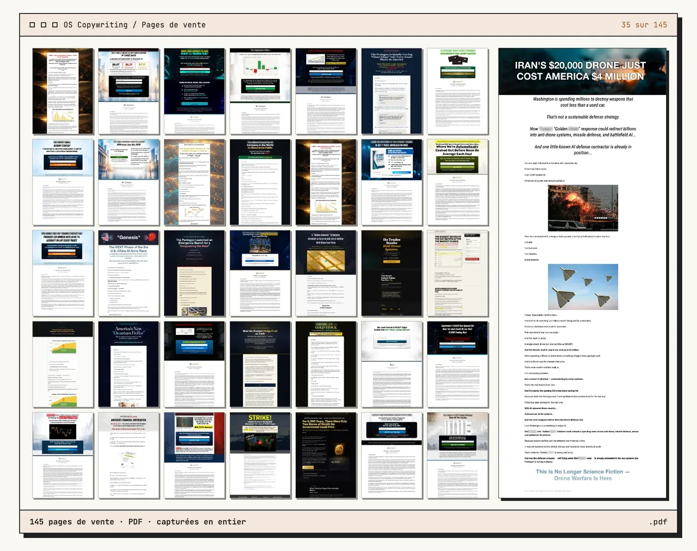 Une partie des 145 pages de vente, capturées en PDF de haut en bas.