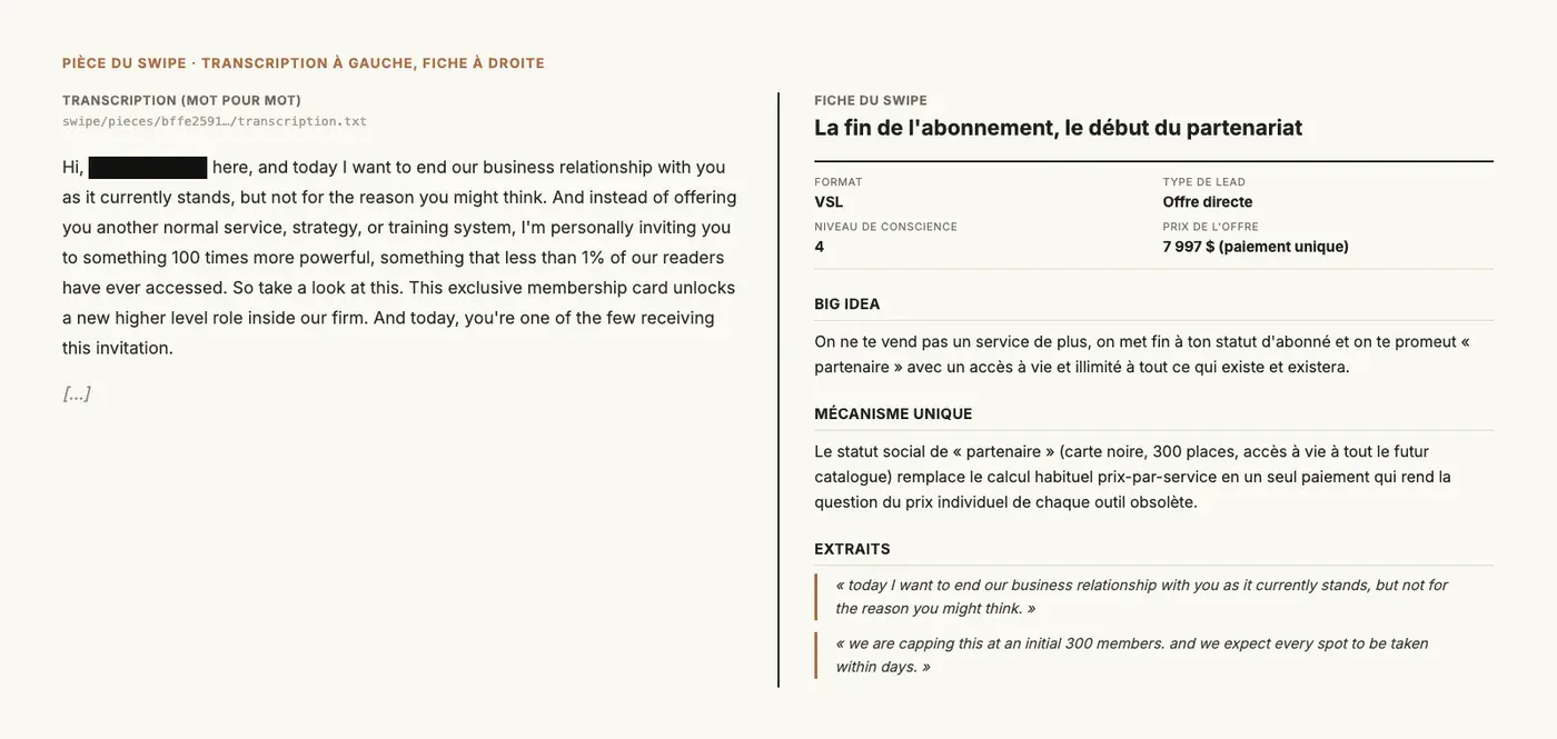 La transcription mot pour mot à gauche, sa fiche à droite.
