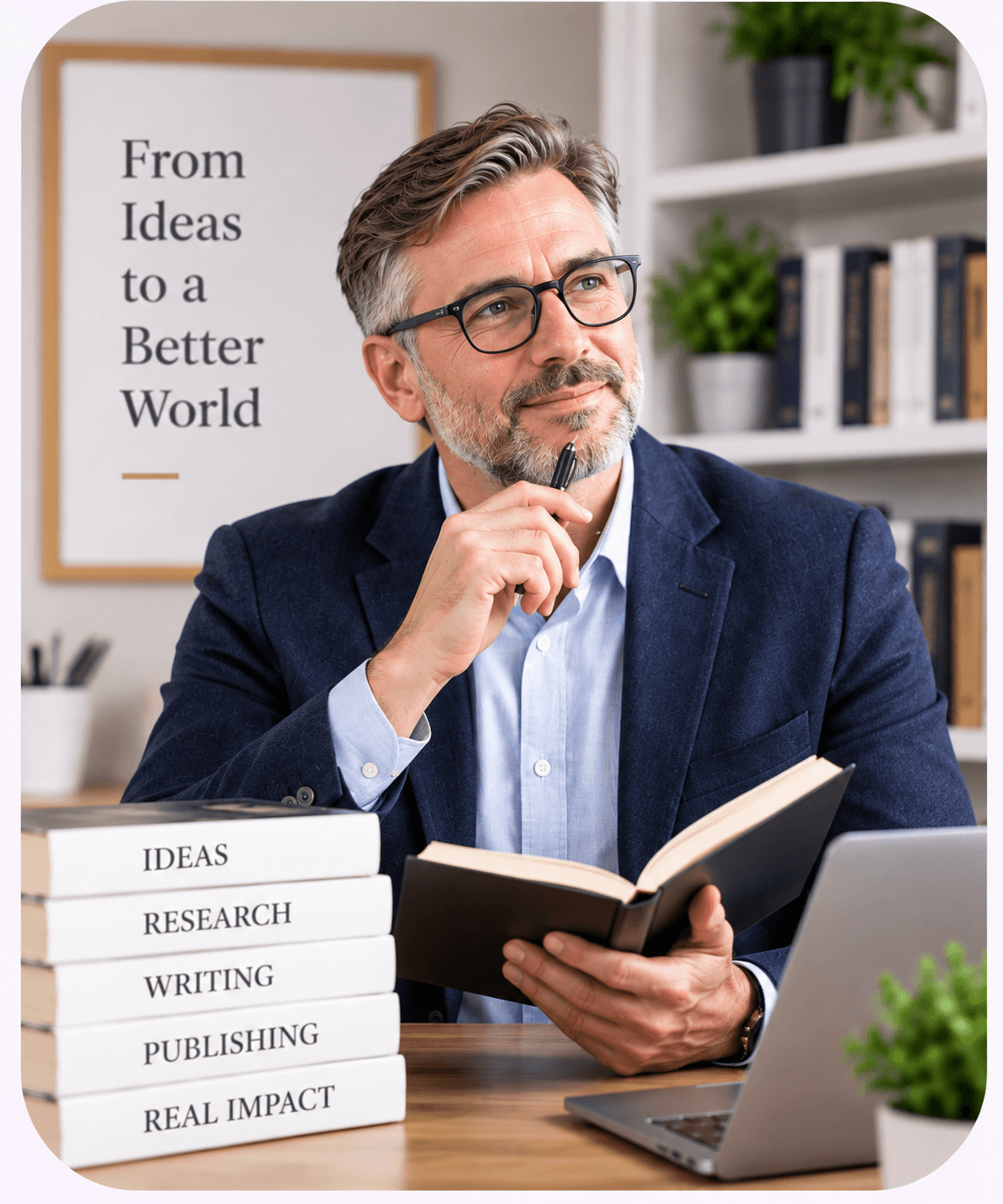 Professional author reviewing ideas and research for a book