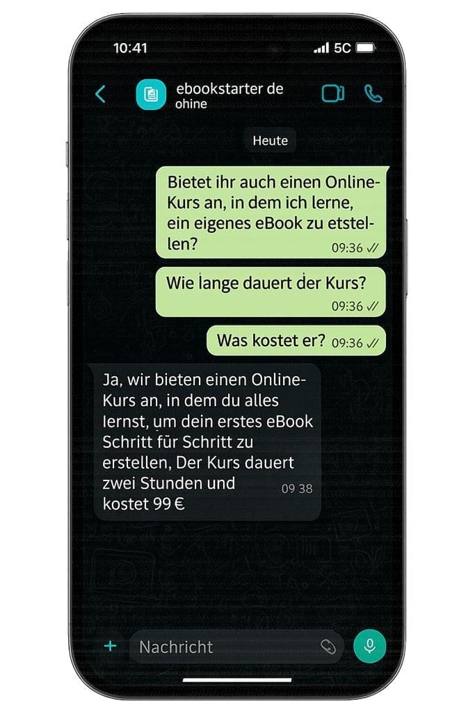 iPhone mit WhatsApp-Chatverlauf zu eBookStarter – Online-Kurs für dein erstes eBook in nur 2 Stunden für 99 Euro