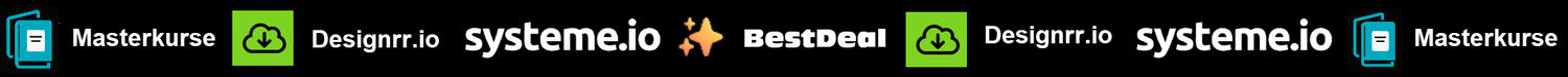 Banner mit Symbolen und Logos für Masterkurse, Designrr.io, systeme.io und BestDeal – zentrale Tools und Angebote für digitale Einsteiger und eBook-Erstellung