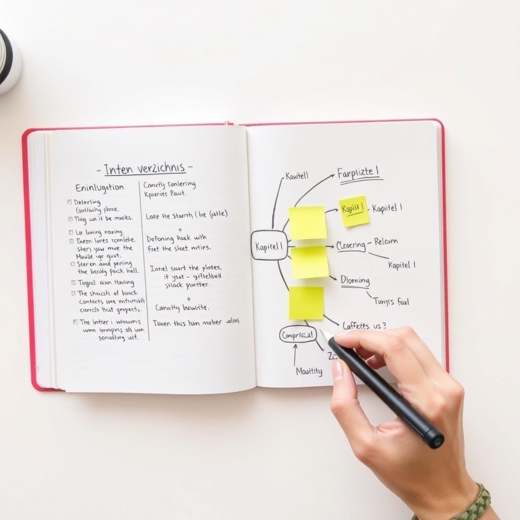Hand mit Stift schreibt an einem Notizbuch mit Kapitelstruktur und Mindmap – kreative eBook-Planung und Inhaltsverzeichnis auf einem Schreibtisch
