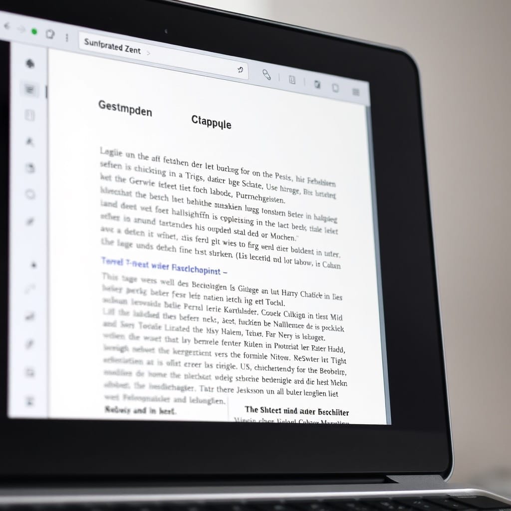 Laptop mit geöffnetem PDF-Dokument in Designrr – finaler Schritt beim eBook-Erstellen: Exportieren, Format prüfen und zur Veröffentlichung vorbereiten