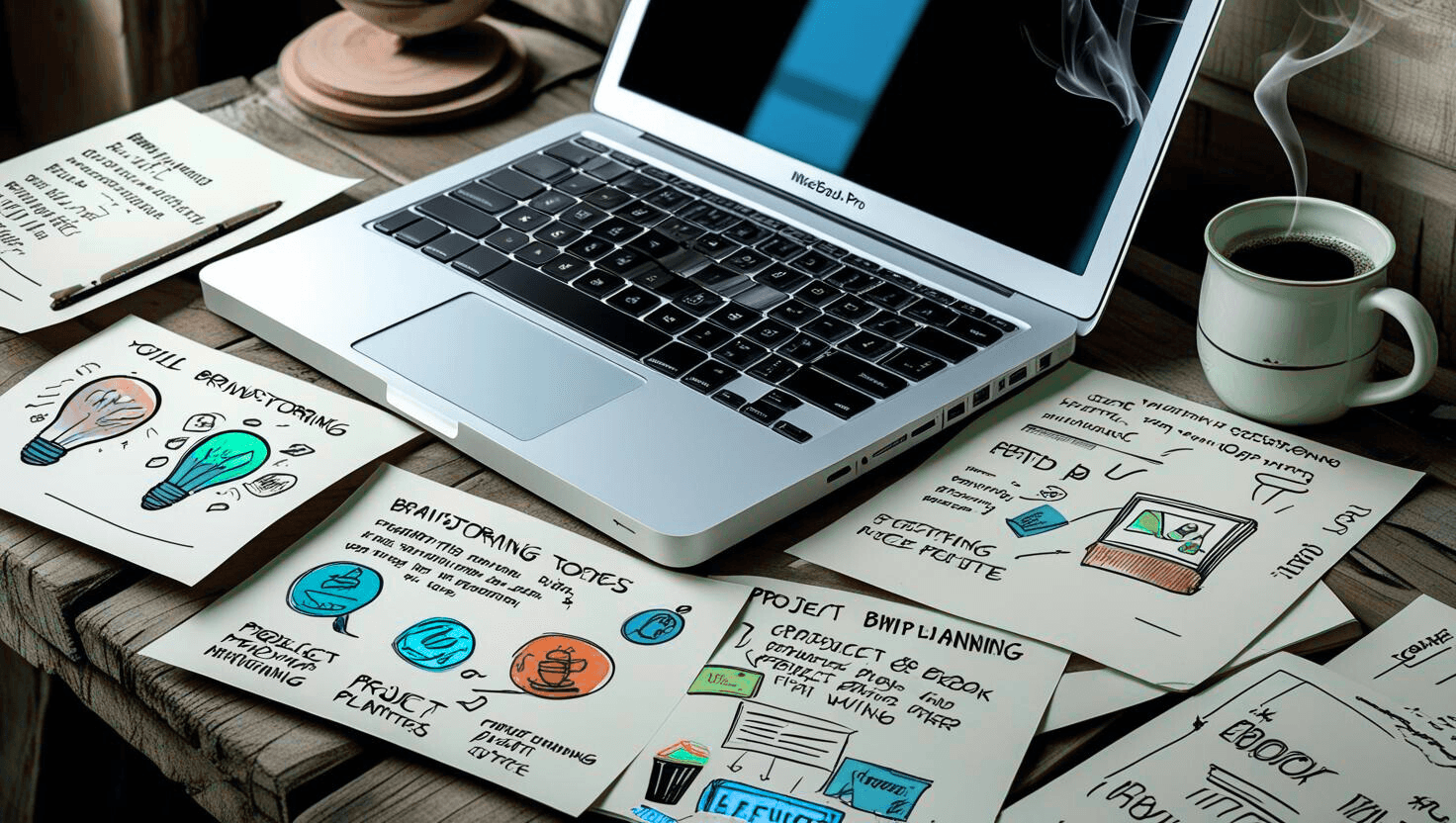 Offenes Laptop mit dampfender Kaffeetasse und farbenfrohen Brainstorming-Skizzen auf einem Holztisch