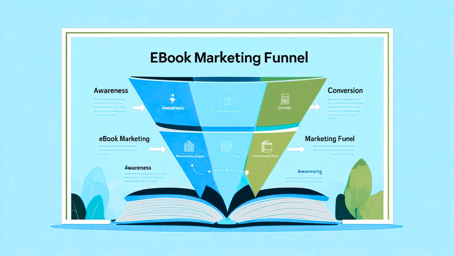 Infografik eines eBook Marketing Funnels zur optimalen Vermarktung profitabler eBook-Nischen 2025 mit Designrr.io und Systeme.io