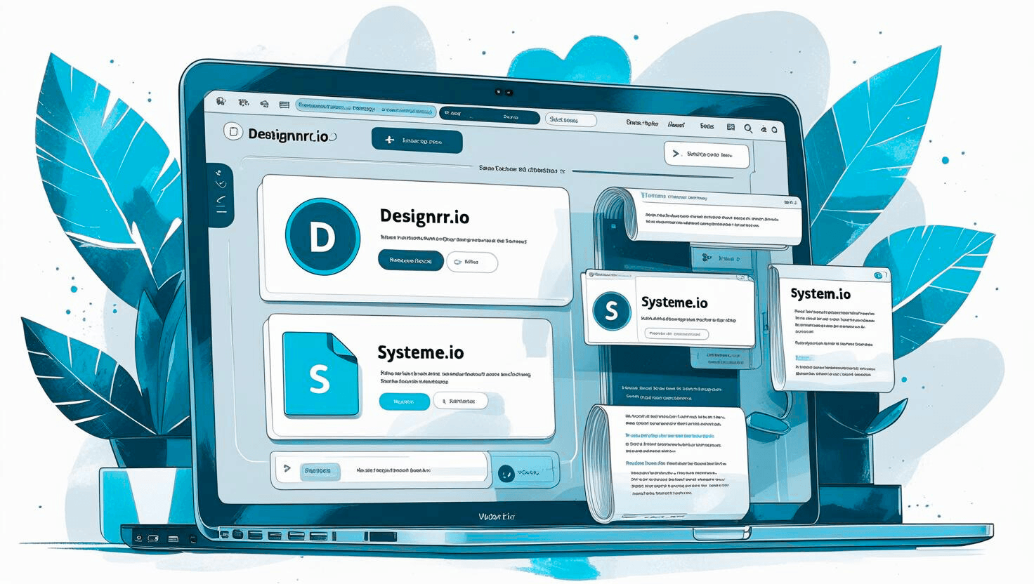 Illustration eines Laptops mit geöffneter Designrr.io- und Systeme.io-Oberfläche – Tools für profitable eBook-Nischen 2025