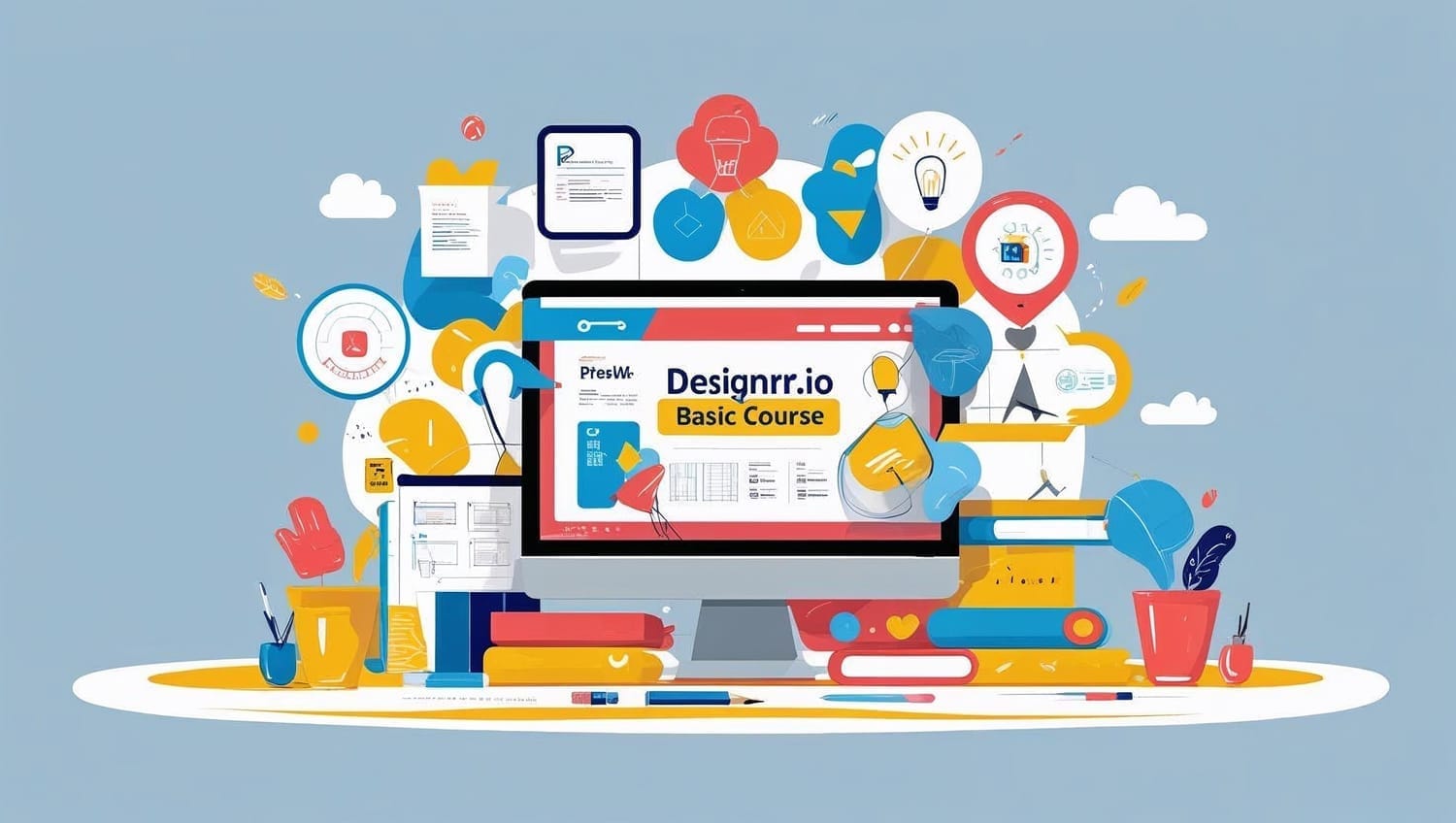 Designrr.io Basic Kursbild mit Computer und Tool Dein Start ins eBook schreiben, eBooks planen, einfach, klar, machbar!