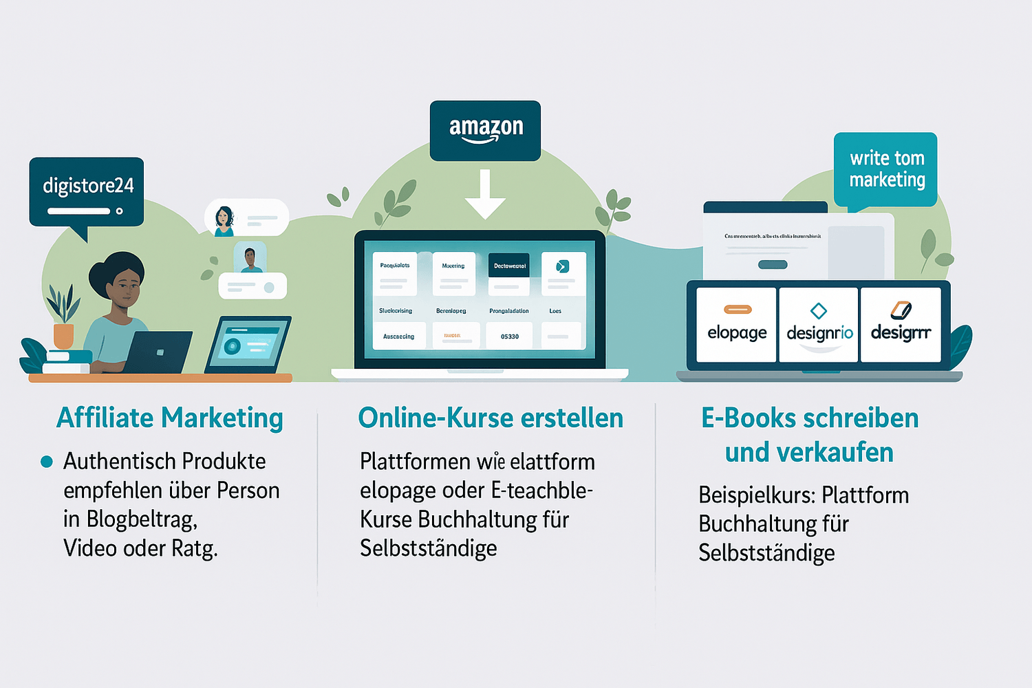 Infografik zeigt 3 digitale Geschäftsmodelle: Affiliate Marketing, Online-Kurse und E-Books – ideal für Selbstständige und Einsteiger im Online-Business.