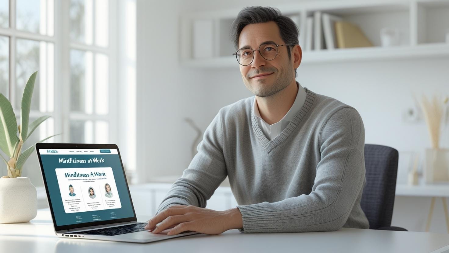 Markus präsentiert seinen Achtsamkeitskurs am Laptop – vom Ex-Ingenieur zum Online-Coach für Stressbewältigung und mentale Gesundheit im Beruf.