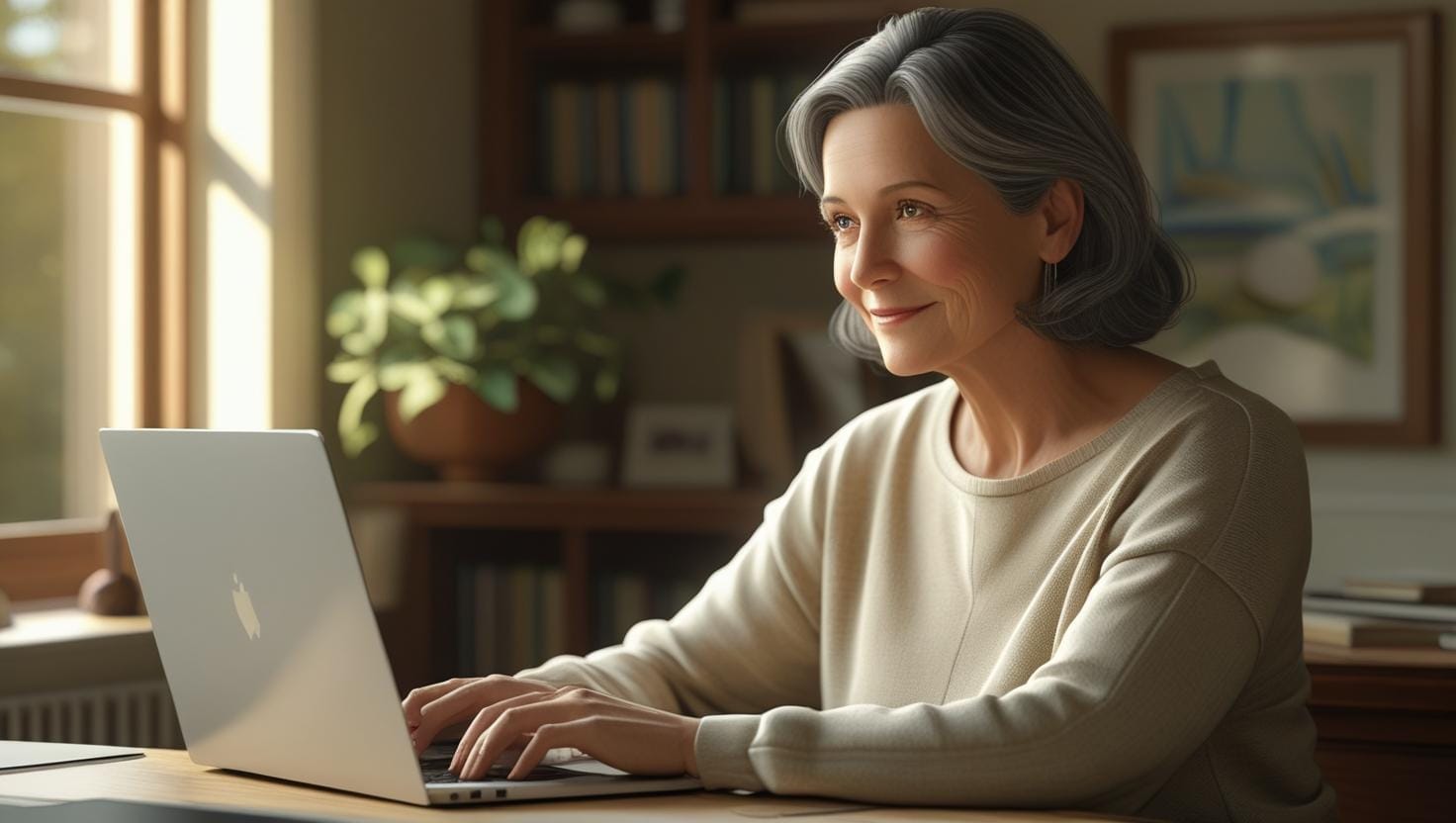 Sabine arbeitet konzentriert am Laptop – sie fand ihren Weg im Online-Business durch Newsletter-Marketing, als leise, empathische Stimme mit Wirkung.