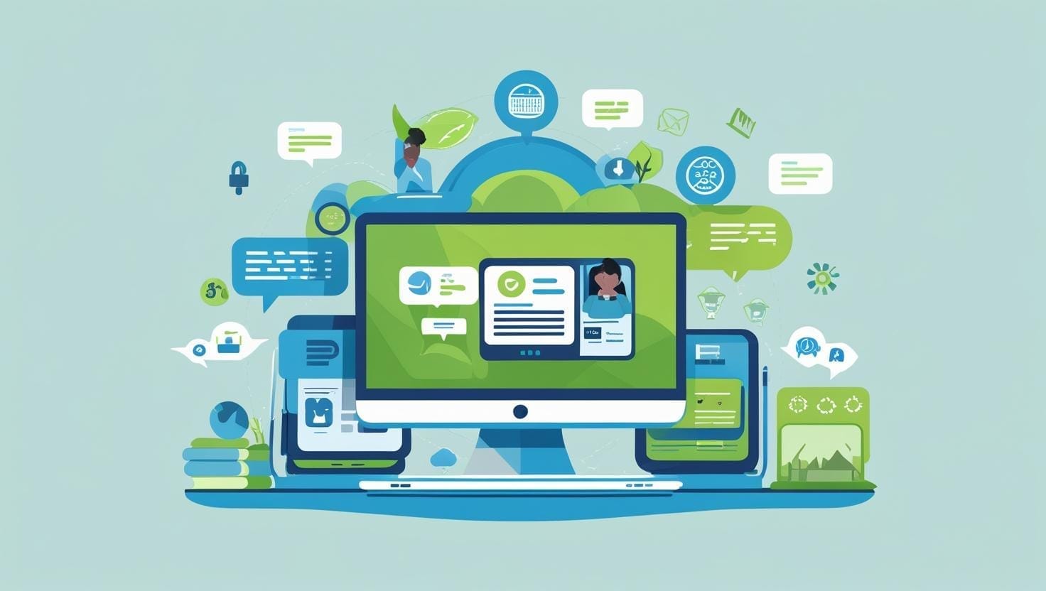 Illustration eines Laptops mit geöffneter Designrr.io- und Systeme.io-Oberfläche – Tools für profitable eBook-Nischen 2025
