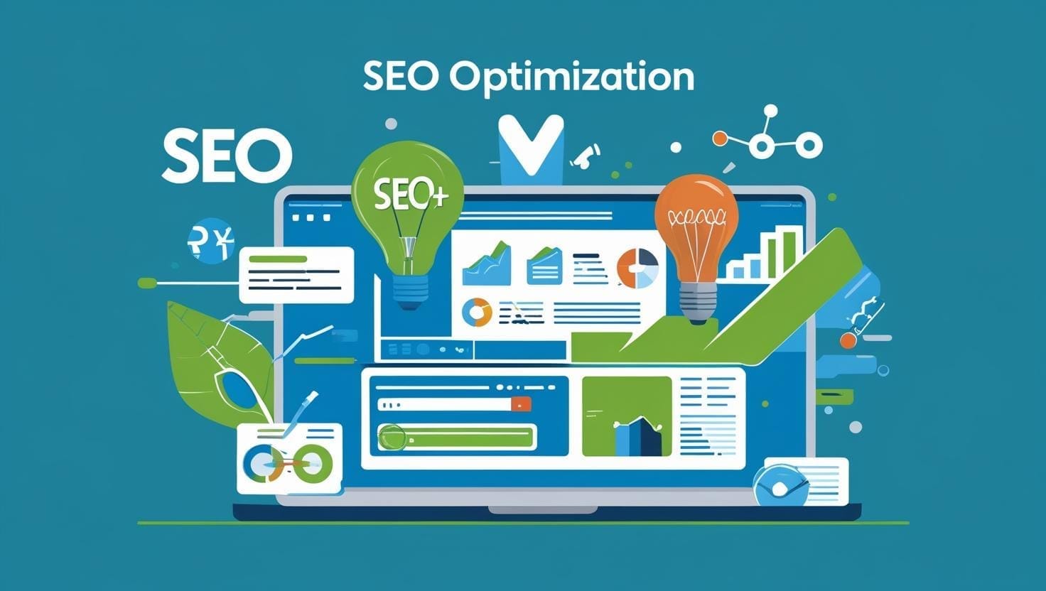 Illustration eines Laptops mit der Aufschrift „SEO Optimization“ auf blauem Hintergrund, umgeben von Symbolen wie Glühbirnen, Diagrammen, Pfeilen und Analyse-Icons, die Strategien zur Suchmaschinenoptimierung darstellen.