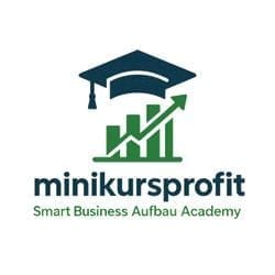 Logo der Smart Business Aufbau Academy ‚Minikursprofit‘: Stilisierte Akademiker-Mütze mit grünem Wachstumsgraphen (Pfeil nach oben) über drei aufsteigenden Balken. Text in Blau und Dunkelgrau: ‚minikursprofit‘ (Hauptmarke) und ‚Smart Business Aufbau Academy‘ (Slogan). Symbolisiert schnelle, datenbasierte Geschäftsentwicklung und Online-Kurs-Erfolge.