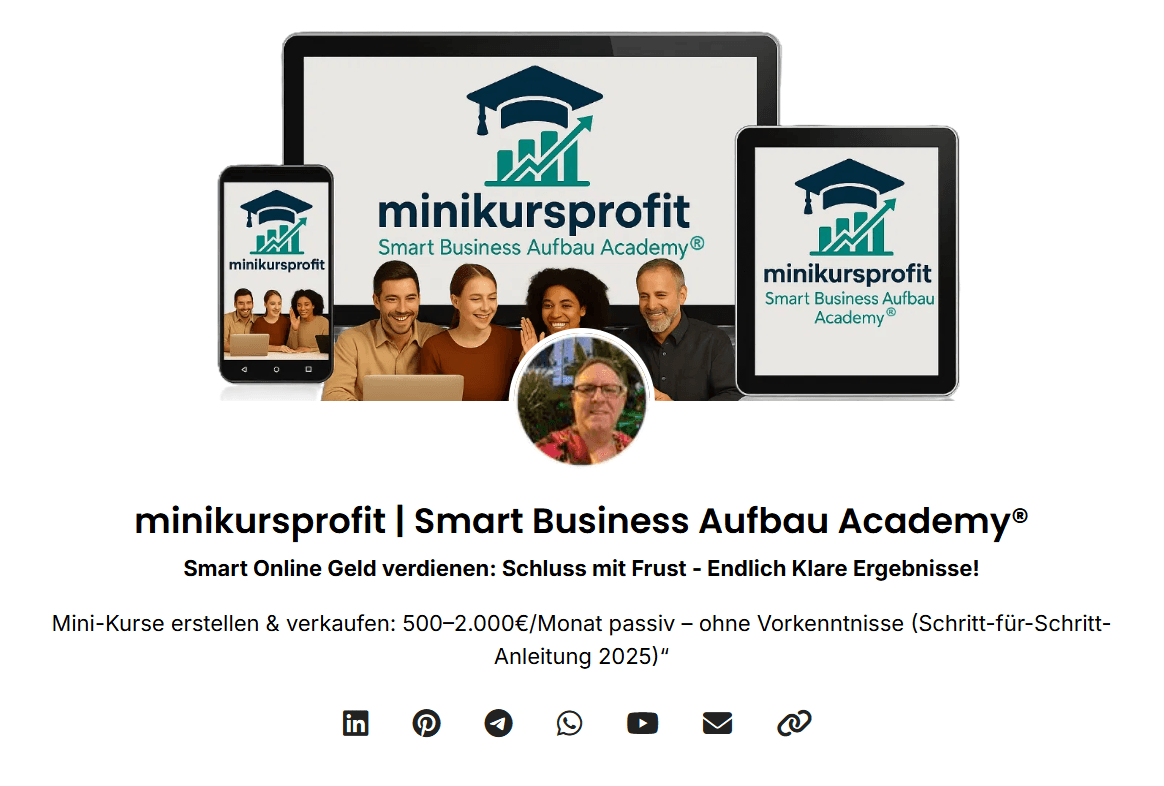 minikursprofit Smart Business Aufbau Academy® – Online-Geld verdienen ohne Vorkenntnisse: Hans-Jürgen Göbel mit Laptop, Tablet und Smartphone, die Mini-Kurse erstellen und verkaufen (500–2.000€/Monat passiv) – Schritt-für-Schritt-Anleitung 2025