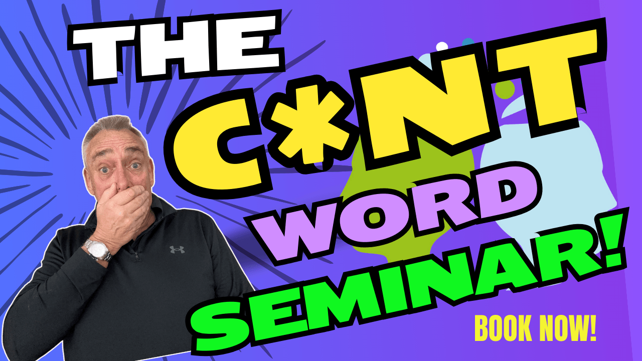 Ash Lawrence is covering his mouth next to colorful bold text “The CNT Word Seminar – Book Now” on a vibrant purple background*