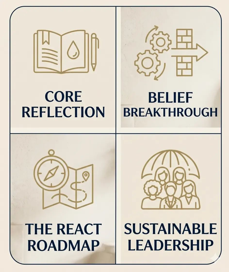A premium four-quadrant graphic for Fuel Soul Coach outlining the REACT framework: Core Reflection, Belief Breakthrough, The REACT Roadmap, and Sustainable Leadership with minimalist gold icons on a neutral background.