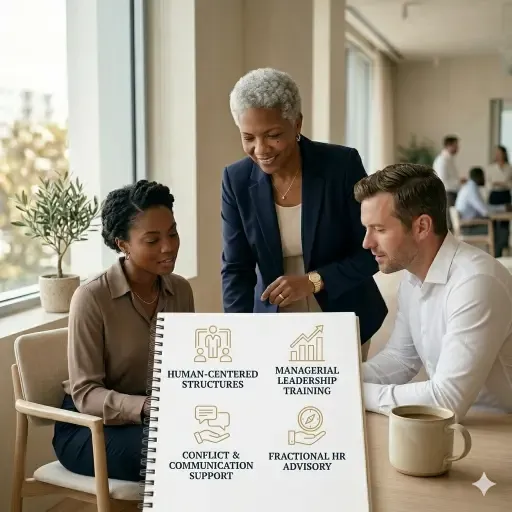Editorial lifestyle photography of an expert HR consultant working with a diverse professional team, featuring a notepad graphic with four service pillars: Human-Centered Structures, Managerial Leadership Training, Conflict Support, and Fractional HR Advisory.