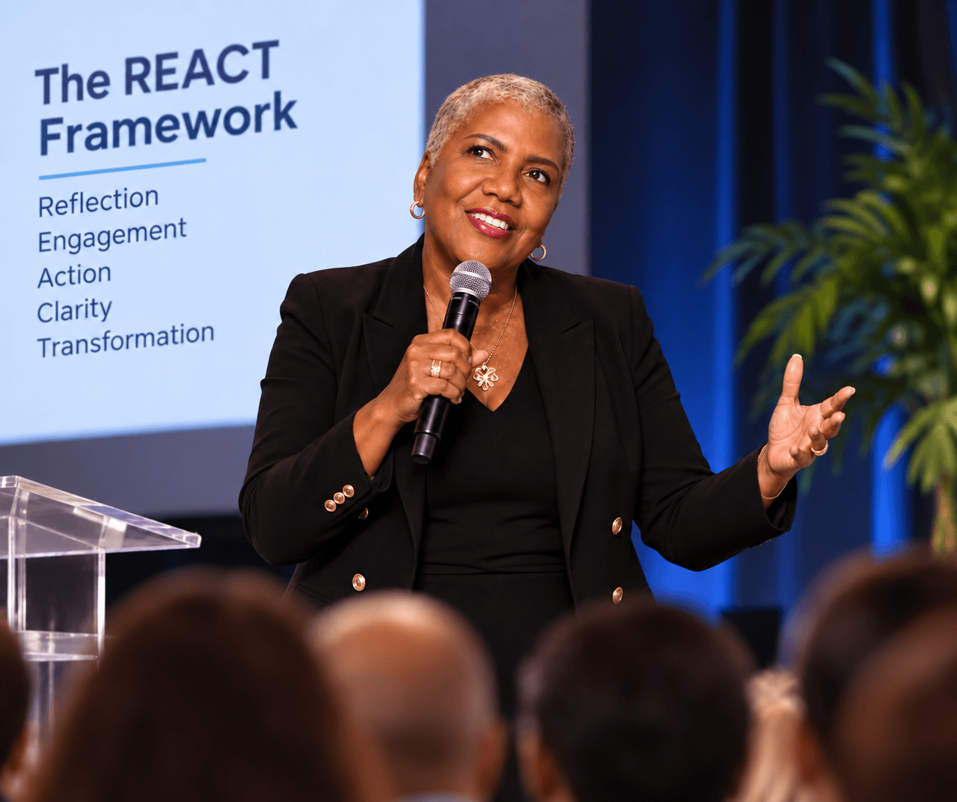 Fuel Soul Coach Chrislyn Benjamin presenting the REACT Framework in front of a crowd.