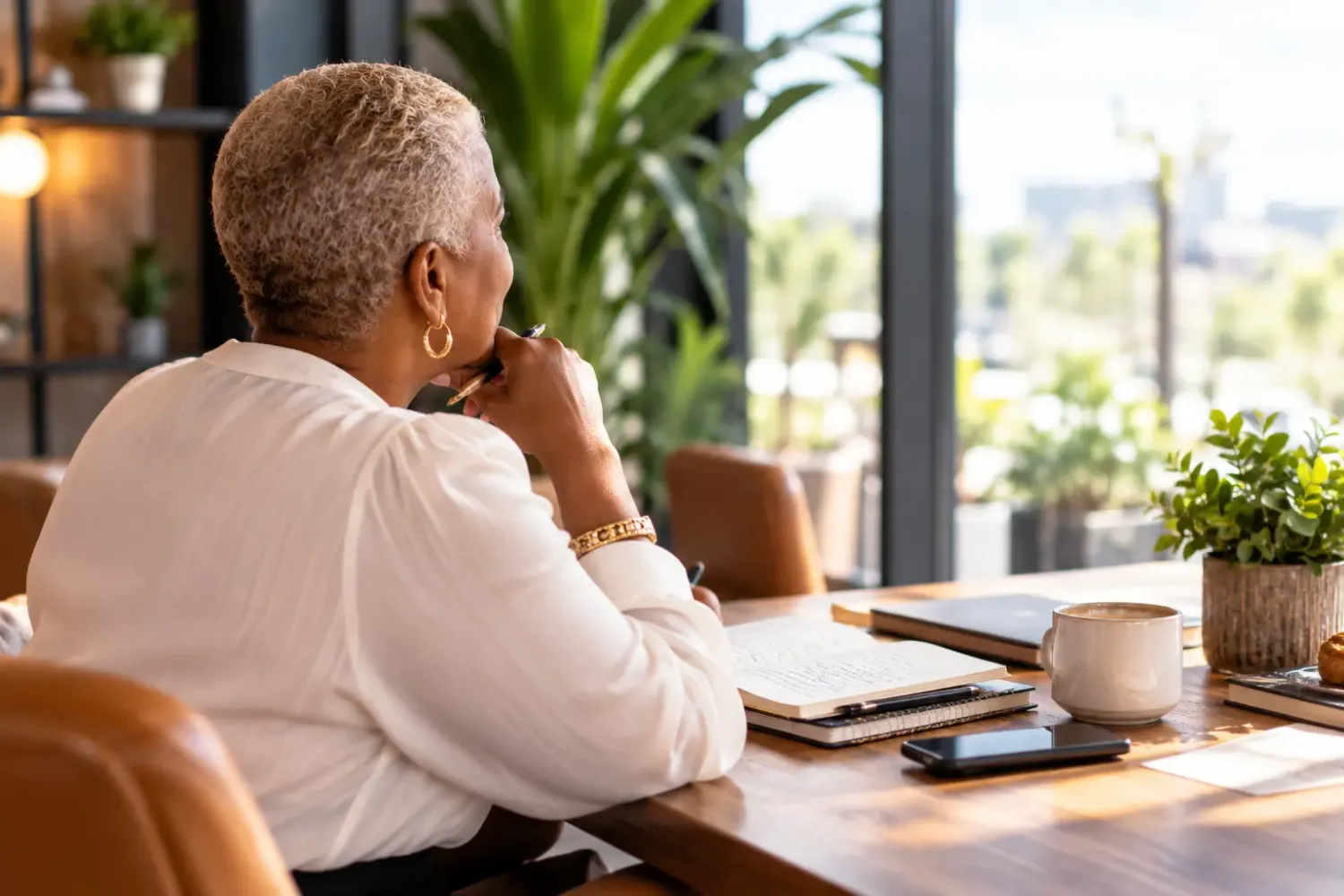 A mature Black woman sits thoughtfully at a sunlit table with a journal, books, coffee, and a phone, reflecting quietly in a warm, modern workspace.