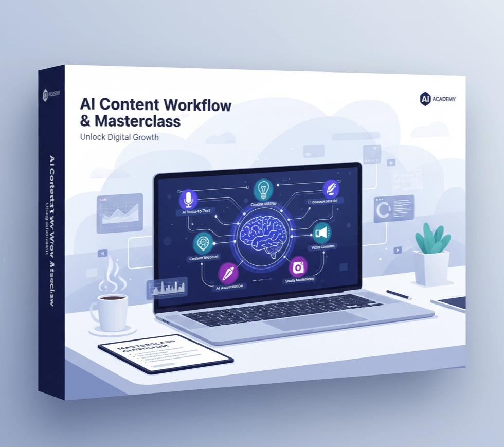 A professional AI content workflow and masterclass box design for small business digital growth and automation 2026.