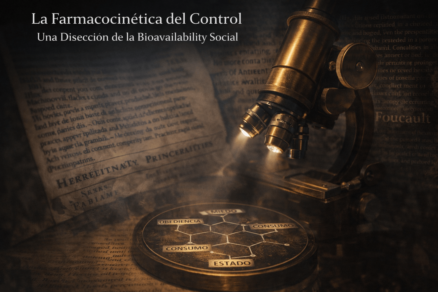 Representación del Laboratorio de la Realidad de Tomás Kouro Parali: un microscopio óptico diseccionando la farmacología del poder y la estructura del sistema social