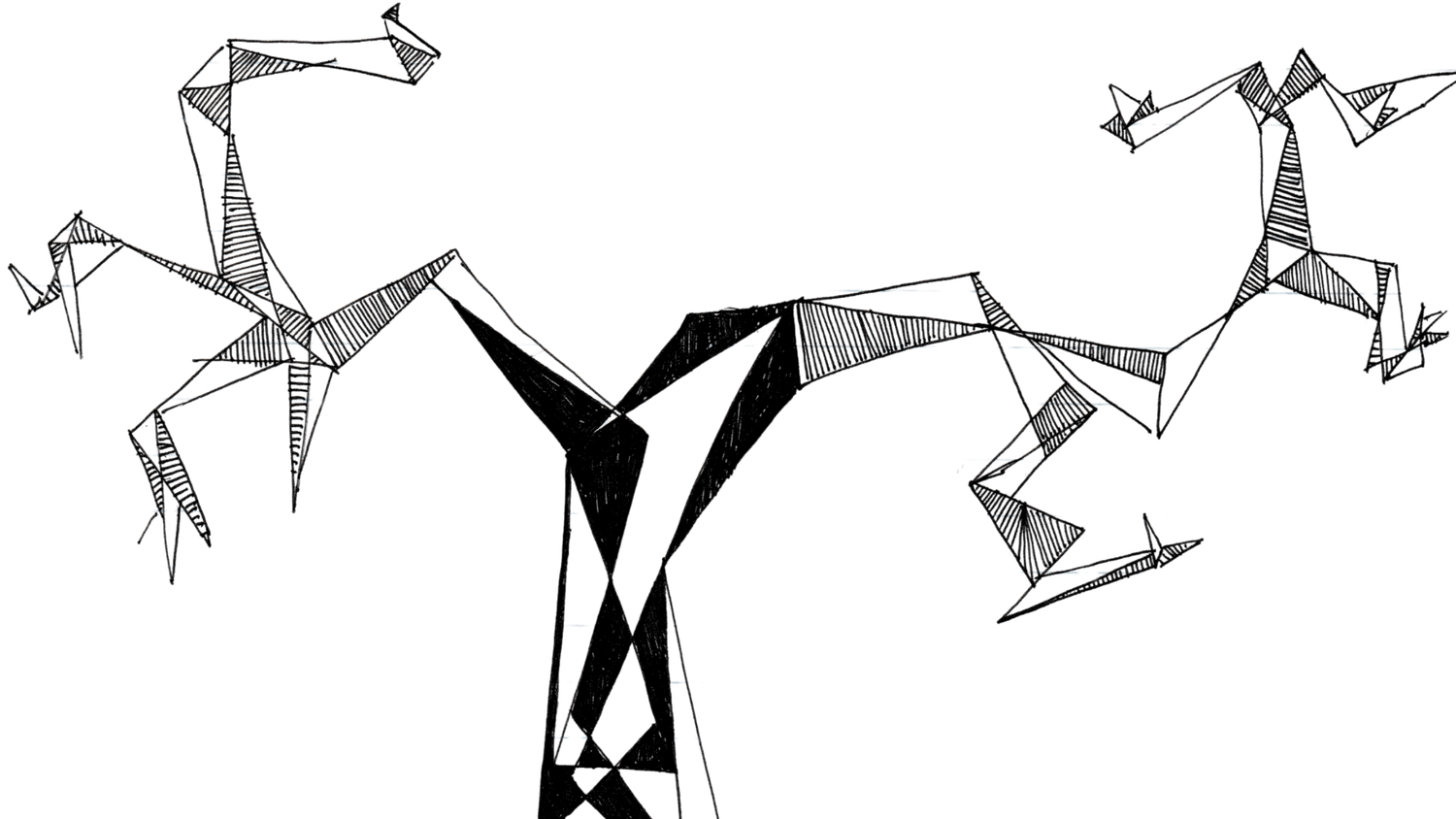 A hand drawn ink illustration of a geometric tree, with a dense trunk and branches radiating outward, each following its own path.
