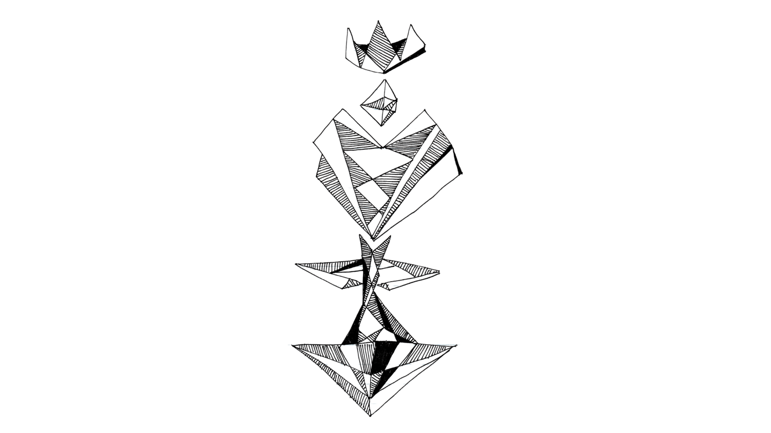 A hand drawn ink illustration of a vertical totem of stacked geometric forms, running from a crown structure at the top to a broad base below.
