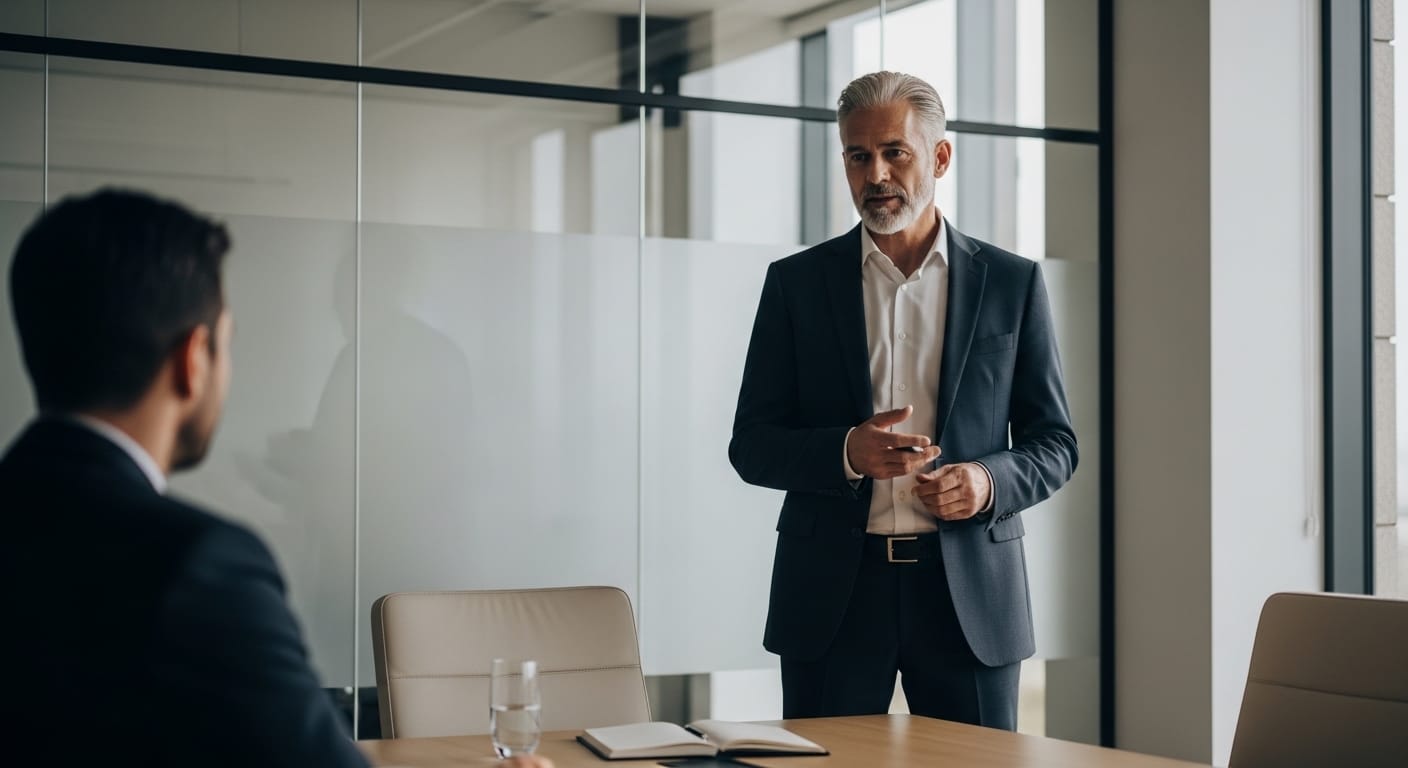 Executive coaching session with a leader and coach in a conference room