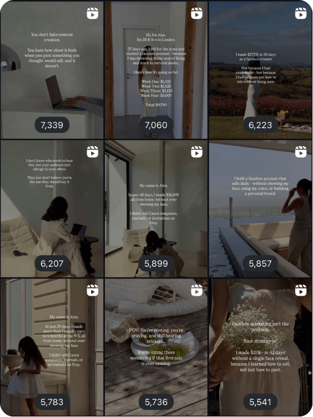 Grid of high-performing faceless content with view counts