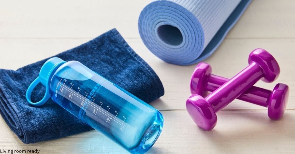 Yoga mat, water bottle, towel, and dumbells