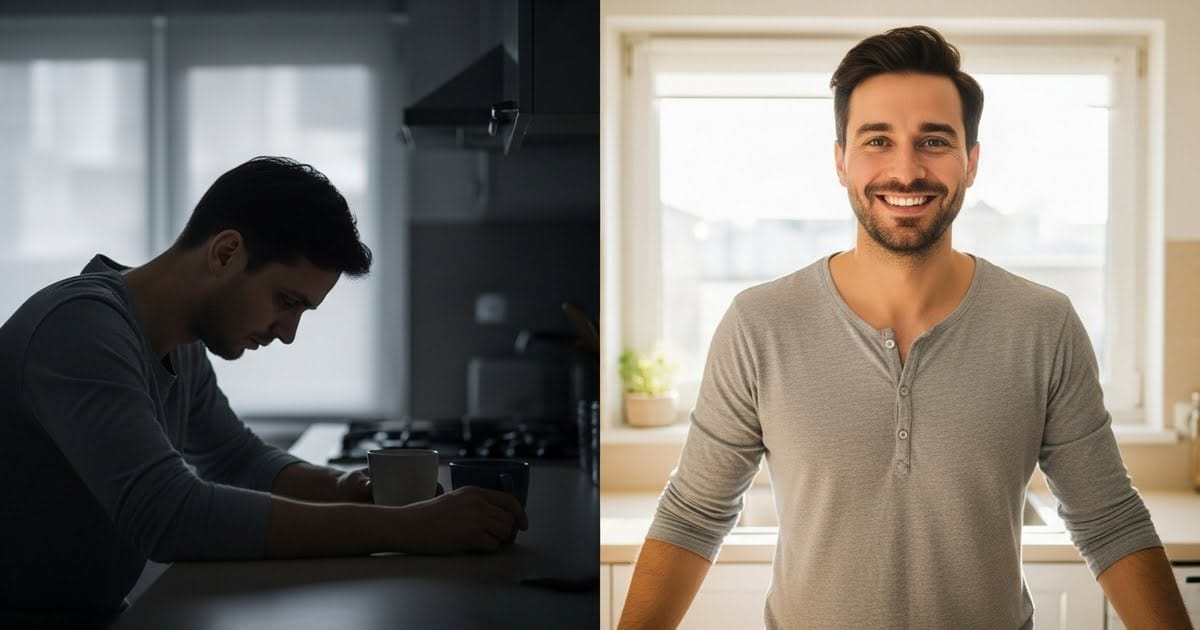 A man before and after from being tired to refreshed.