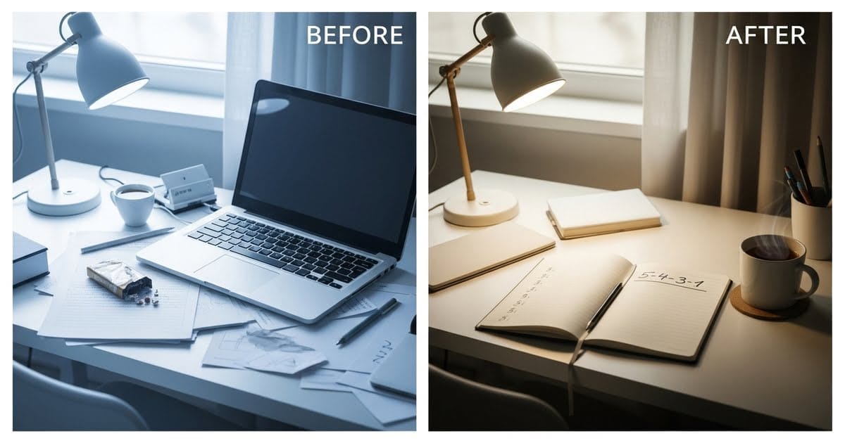 A before and after picture of a desk after it has been cleaned up and organized