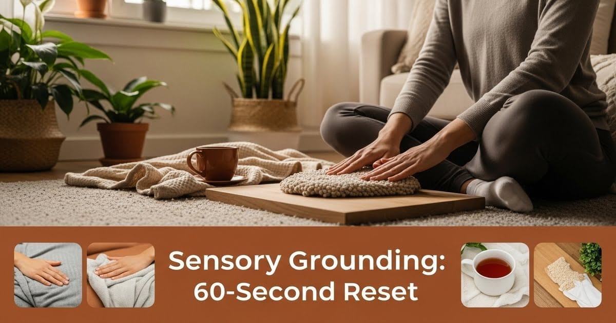 A woman sitting on the floor performing sensory grounding