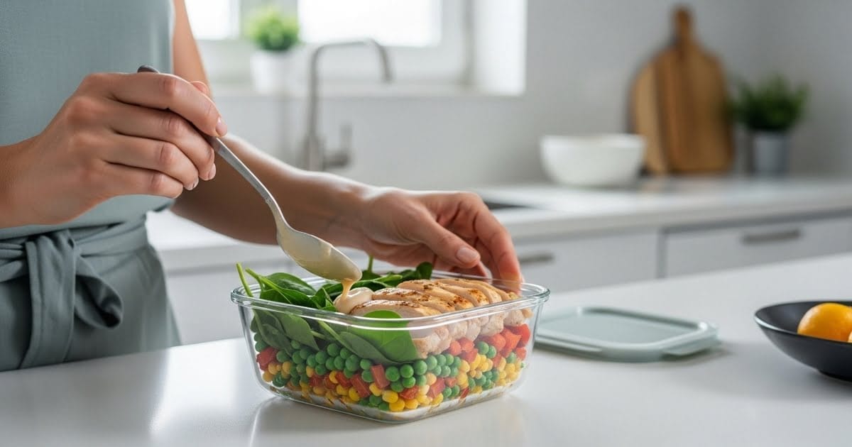 A woman at her kitchen counter preparing a 5-minute protein meal.