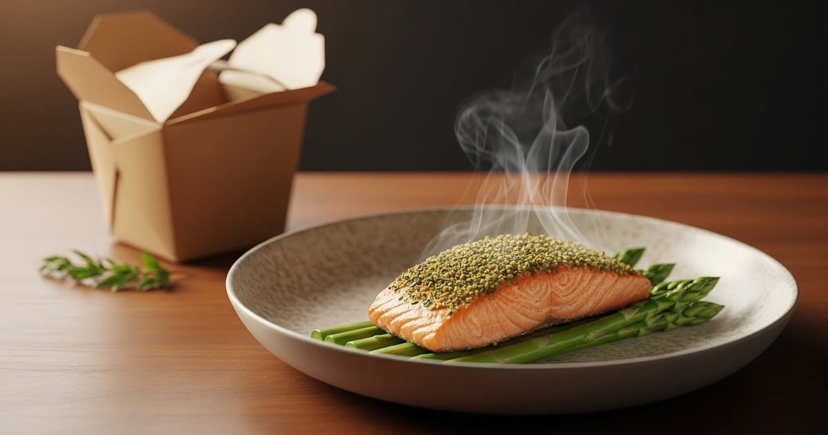 A hot steaming Pink Salmon fresh from the microwave laying on a bed of asparagus