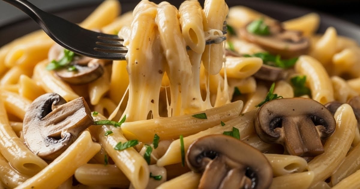 A delicious microwaved bowl of creamy garlic mushroom and spinach .pasta