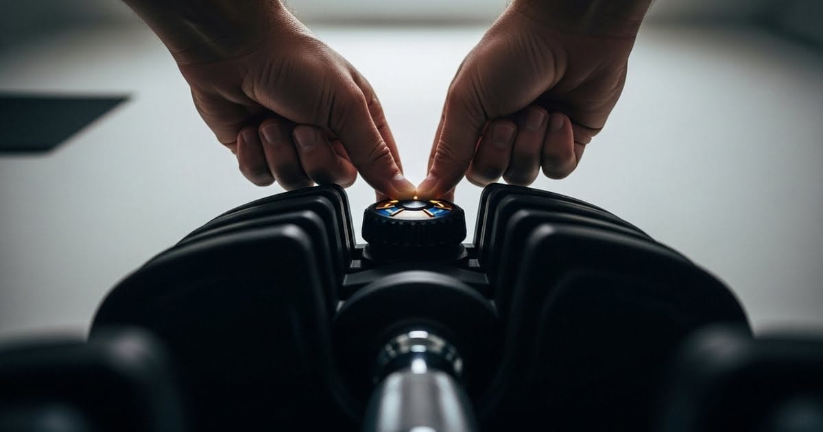 A man adjusting a his adjustable dumbbells