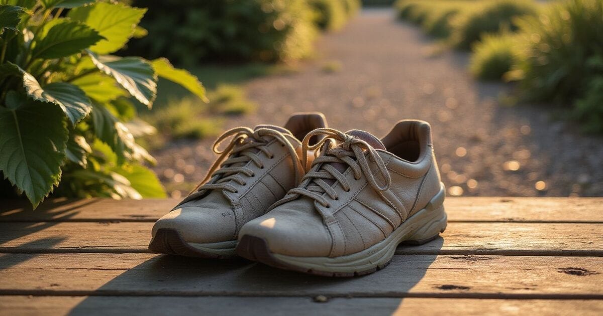A pair of worn sneakers rest on a weathered wooden deck surrounded by greenery | AI-Generated image 