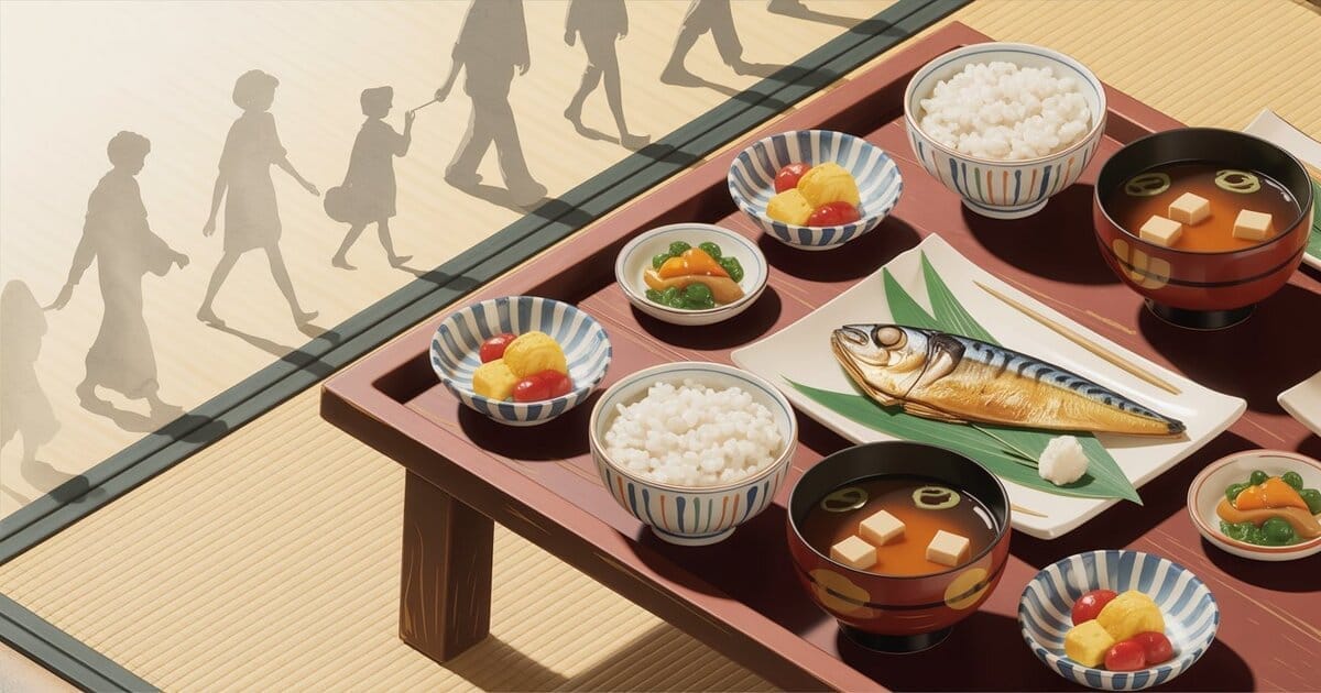 A table with fish, rice, tofu, and fruit | AI-generated image