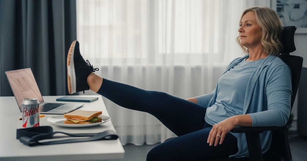 A middle-aged woman doing leg exercises sitting at her desk