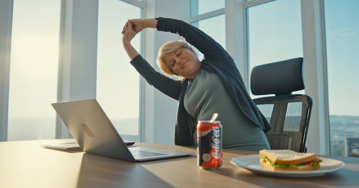 A woman taking a computer break and stretching