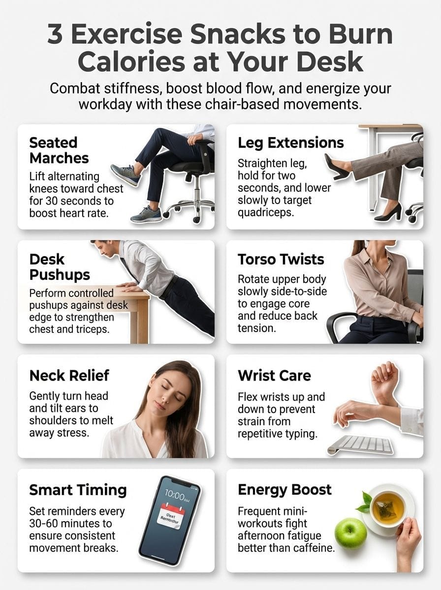 Infographic of 3 Exercise Snacks To Burn Calories At Your Desk 