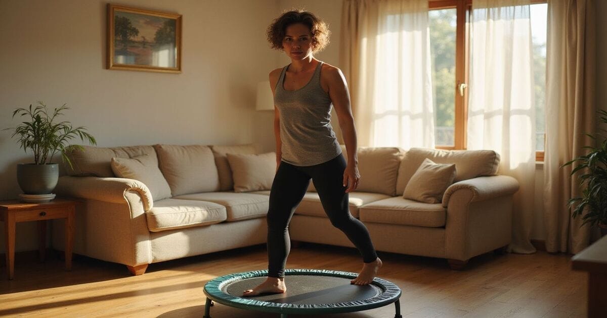 A woman doing a rebounding workout on a mini trampoline in her living room